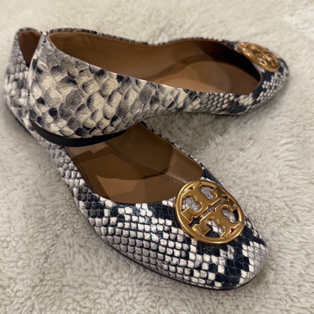 Tory Burch Snake Print Flats with Gold Logo - Picture 2 of 5